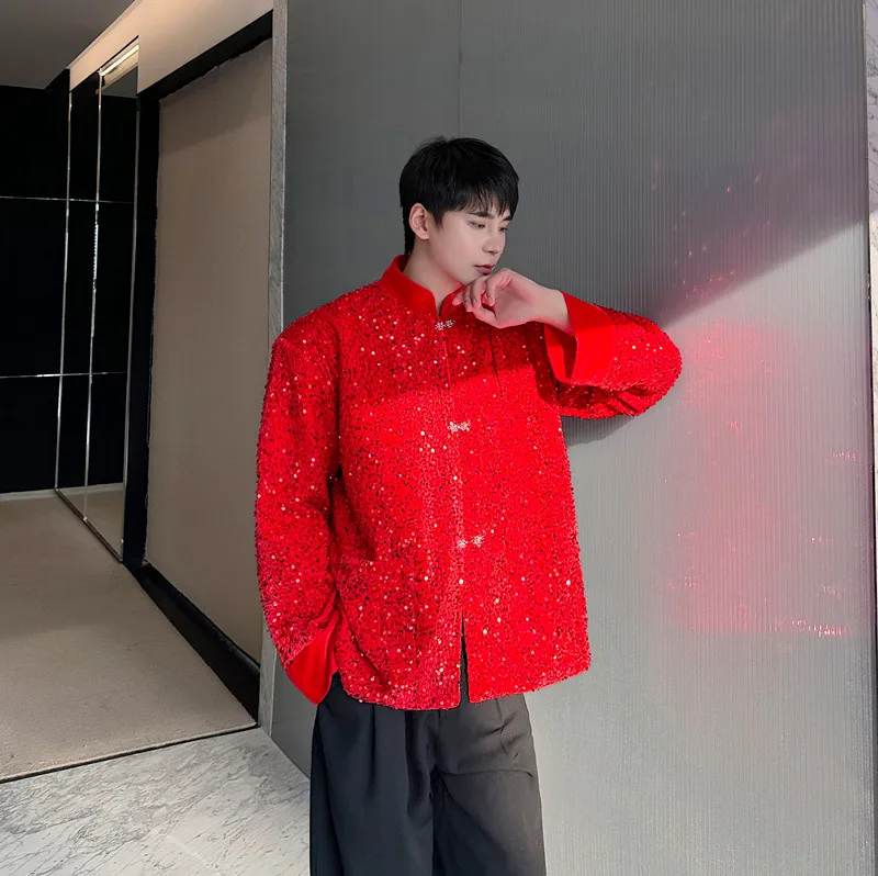 Fashion Spring New Red Suit Men's New Chinese Sequined Fried Street Jackets Trendy Male Long Sleeve Pocket Single-Breasted Coats