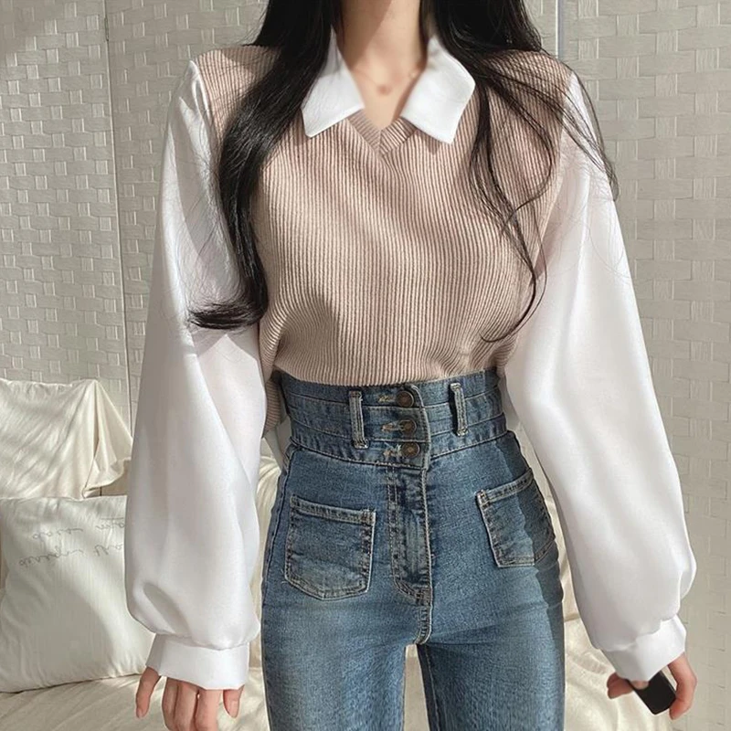 Camisetas de manga larga para mujer, Tops versátiles informales con solapa, Otoño e Invierno