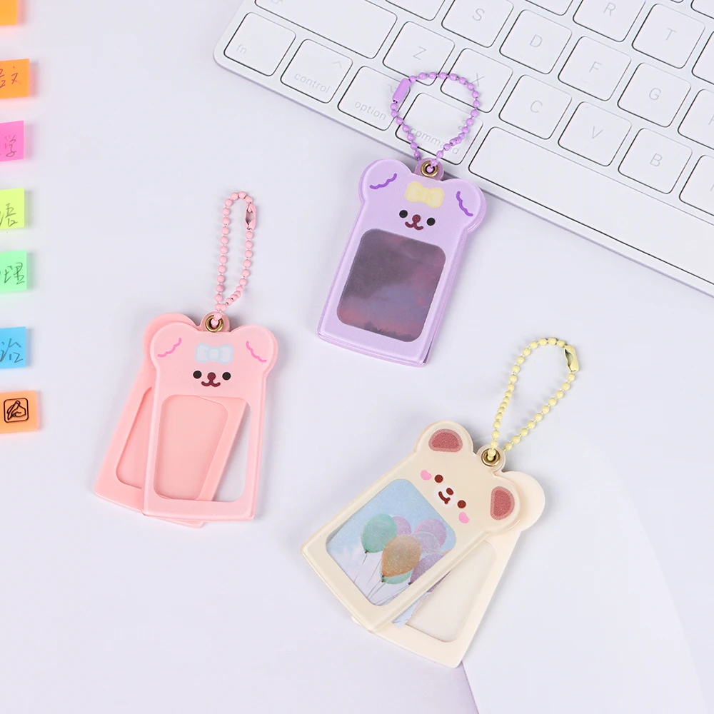 Kawaii Bear Photocard Holder Keychain Kpop Idol Star Acrylic Photo Picture Frame Keyring Key Holder Candy Color Card