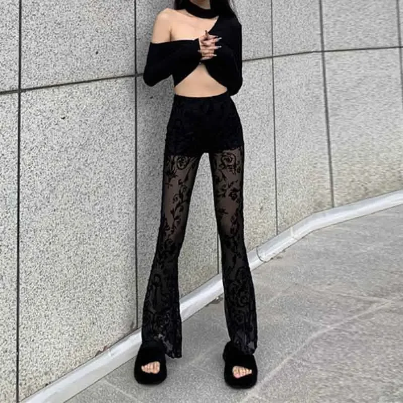 Fashion Skinny Sexy Lace Hollow Out Slim Spicy Girl Flare Pans Women Black Perspective Embroidered Elastic High Waist Trousers