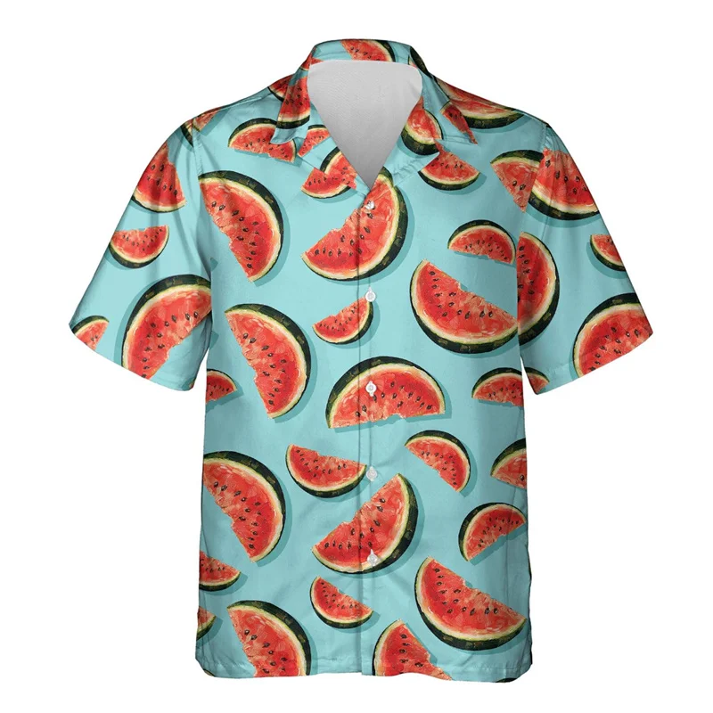 thumbnail image 1 of Camisa hawaiana con estampado de sandía para hombre, blusas con estampado 3D de frutas tropicales, blusas casuales de verano con botones, camisas Aloha de manga corta, 1 of 5