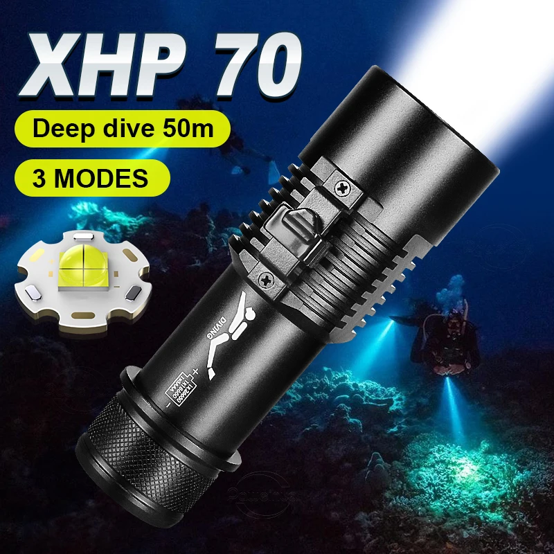 

XHP70LED Reachargeable Diving Flashlight 100M Diving Torch IPX8 Waterproof Scuba Lamp Underwater Hunting Fishing Lantern