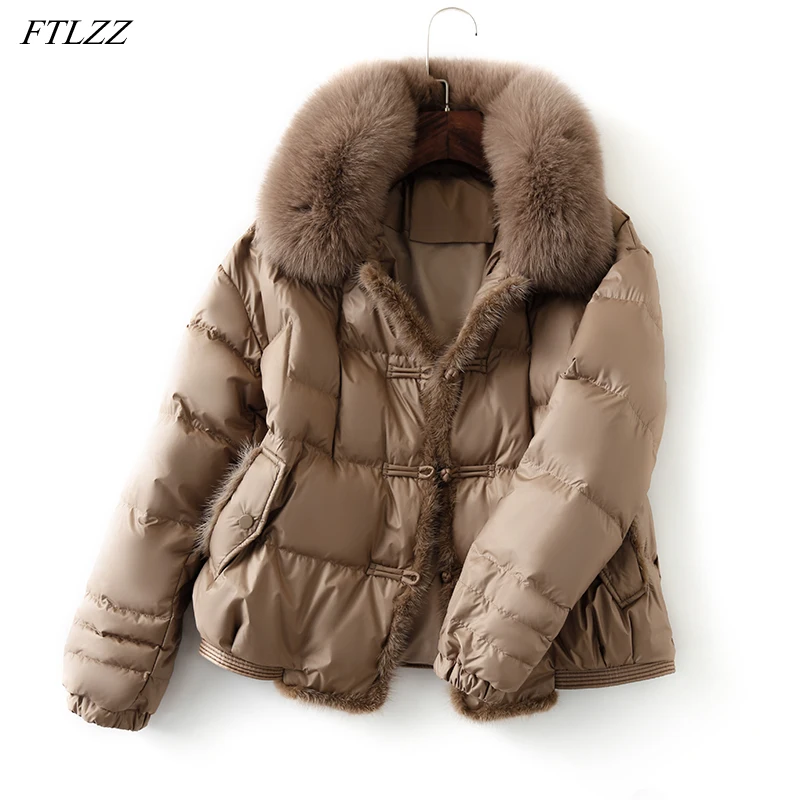 

FTLZZ Winter Women Real Fox Fur Collar Light Feather Jacket 90% White Duck Down Coat Warm Puffer Coat Vintage Button Fit Outwear