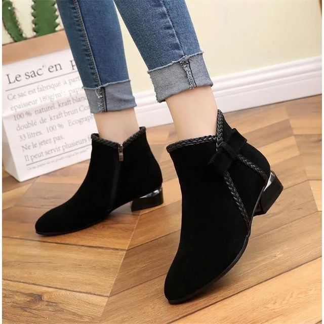 Fashion Short Boots Women Buckle Decoration Shoes Thick Heel Pointed Winter Warm Ankle Boot Casual Elegant Suede Boot 6