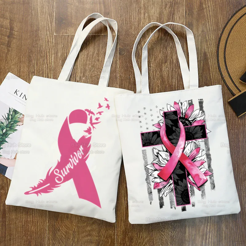 

October Pink Breast Cancer Awareness Shopper Bags for Women Resuable Tote Bag Harajuku Large Capacity Shopping Bag Printing