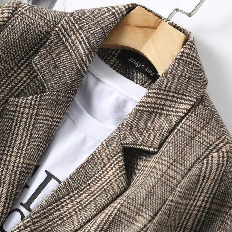 Women's Autumn Winter New Fashion Lapel Plaid Button Pocket Korean Style Temperament Long Sleeved Loose Mid Length Suit Jacket