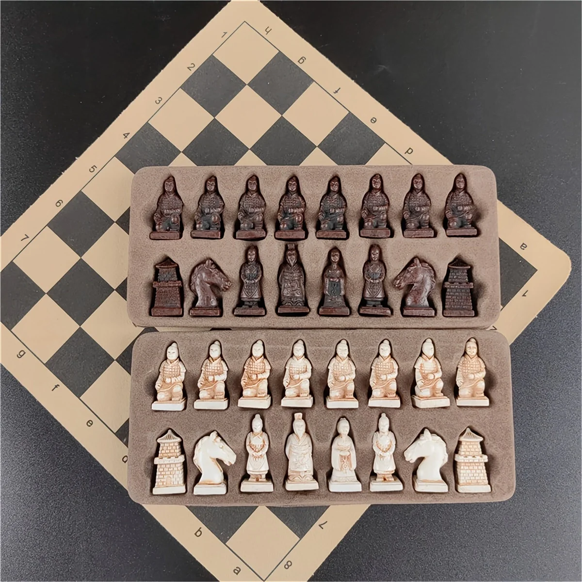 Antique Small Terra Cotta Warriors Chess Pieces Chess Leather Board 28cm/11.02inch Hand Made Retro Character Modeling Game