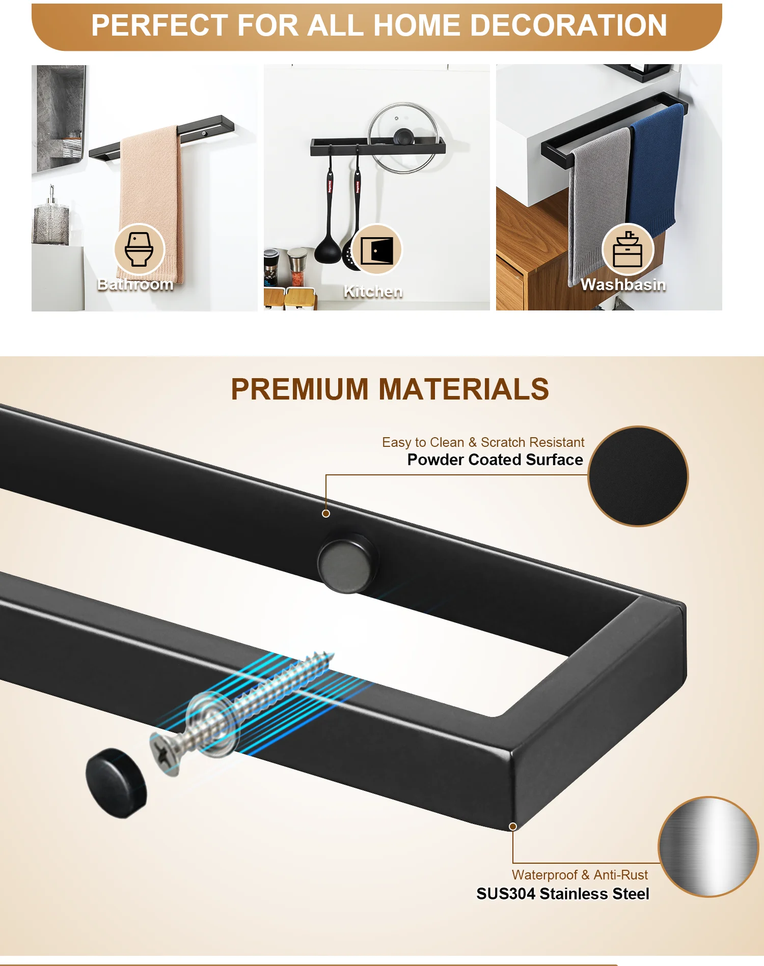 Porta Asciugamani Da Parete Nero - Acciaio Inox 304, 39 Cm, 2 Metodi Di Installazione