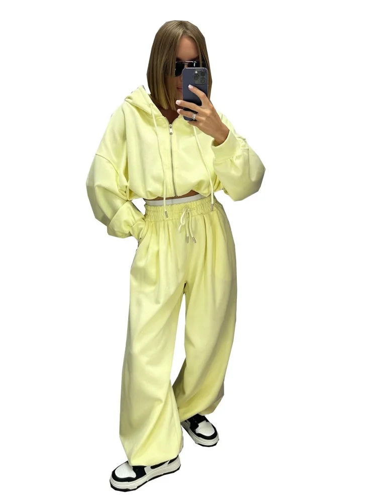 Wmstar Two Piece Set Women Wholesale Woman Fashion Casual Loose Zipper Short Sweatshirt High Waisted Wide Leg Long Pants Sport