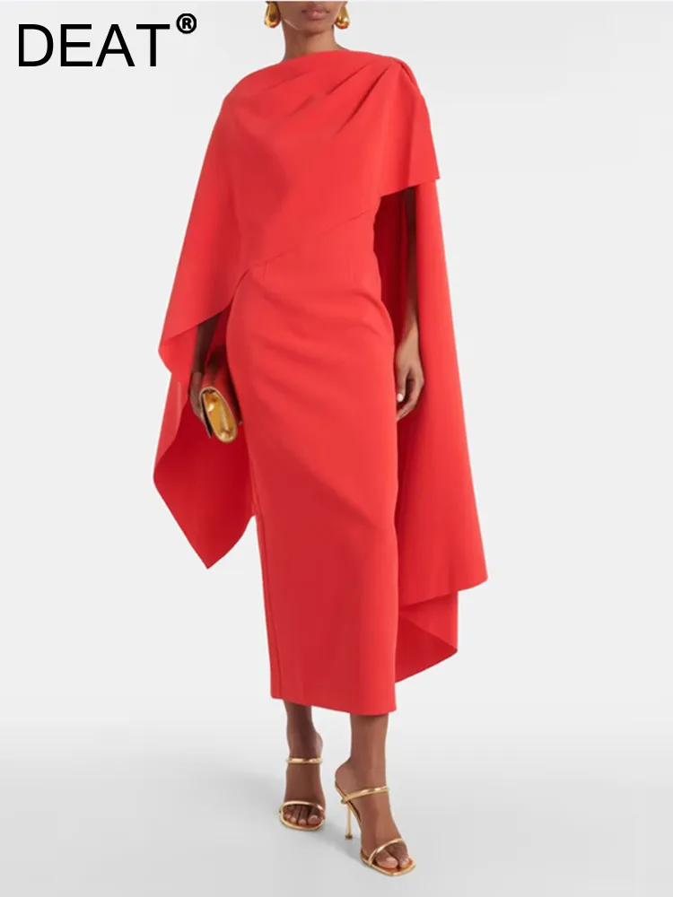 

DEAT Women's Fashion Evening Dress Shawl Sleeve Solid Color Slim Asymmetric O-neck Elegant Dresses Spring 2024 New 13DB5092