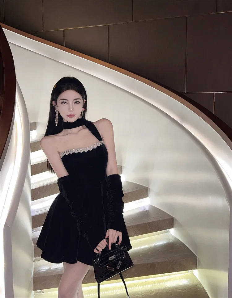 French Vintage Strapless Mini Dresses Women Lace Patchwork A-line Evening Party Dress Korean Fashion Y2K Mini Vestidos Mujer