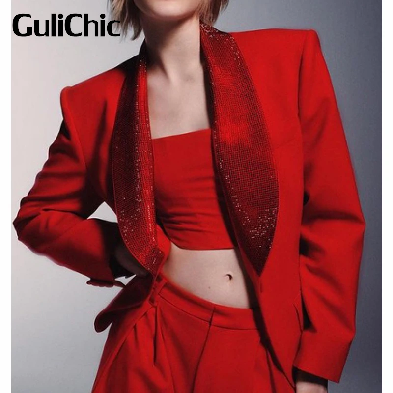 

9.23 GuliChic Women Temperament Heavy Industry Rhinestone Shawl Collar Shoulder Pads Single Button Collect Waist Blazer