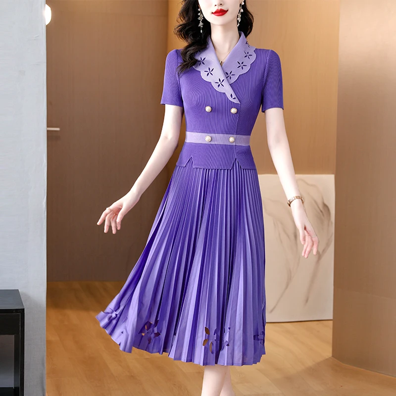 

Miyake Pleated Magic Dress 2023 Waist Waist Slim Suit Collar Waist Slim Mid length Pleated Dress Mom's Age Reducing Dress