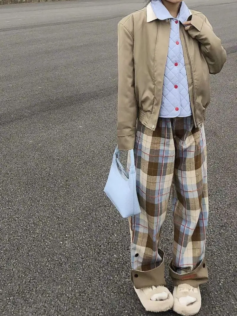 American Retro British Casual Plaid Pants Women's Slimming Spring and Autumn Loose Straight High Waist High Street Trousers