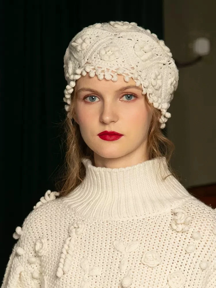 Crochet Fringe Beret Women Autumn and Winter French British Vintage Cashmere Knitted Hat Beautiful Handmade Cashmere Hat