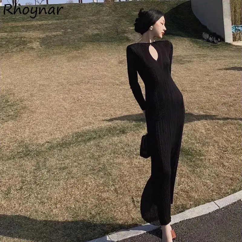 

Hollow Out Dresses Women Spring Sexy Ladies Elegant Korean Fashion Slim Slender Ankle-length Vintage Simple Solid Fit Office