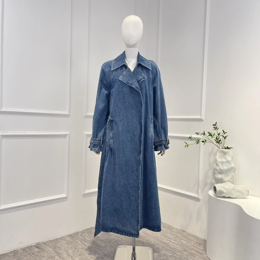 

2023 New Arrivals High Quality Cotton Fashion Casual Solid Long Sleeve Back Slit Belt Woman Denim Coat