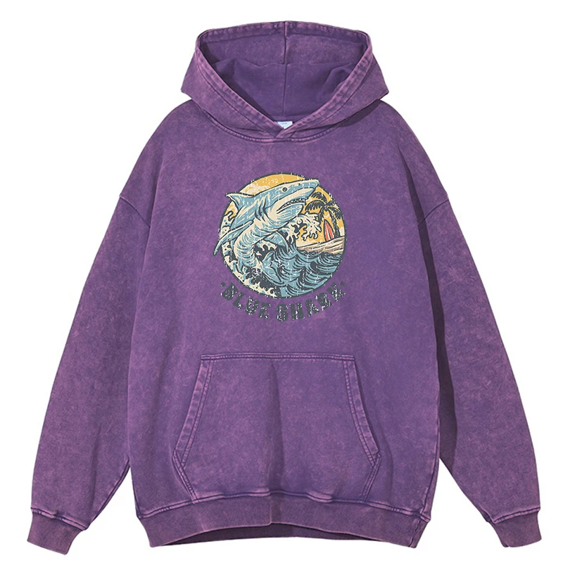 Sudadera con capucha de tiburón azul para hombre, ropa de otoño con cuello redondo, estilo hip hop, 100 % algodón, estilo retro desgastado, para playa, saltos