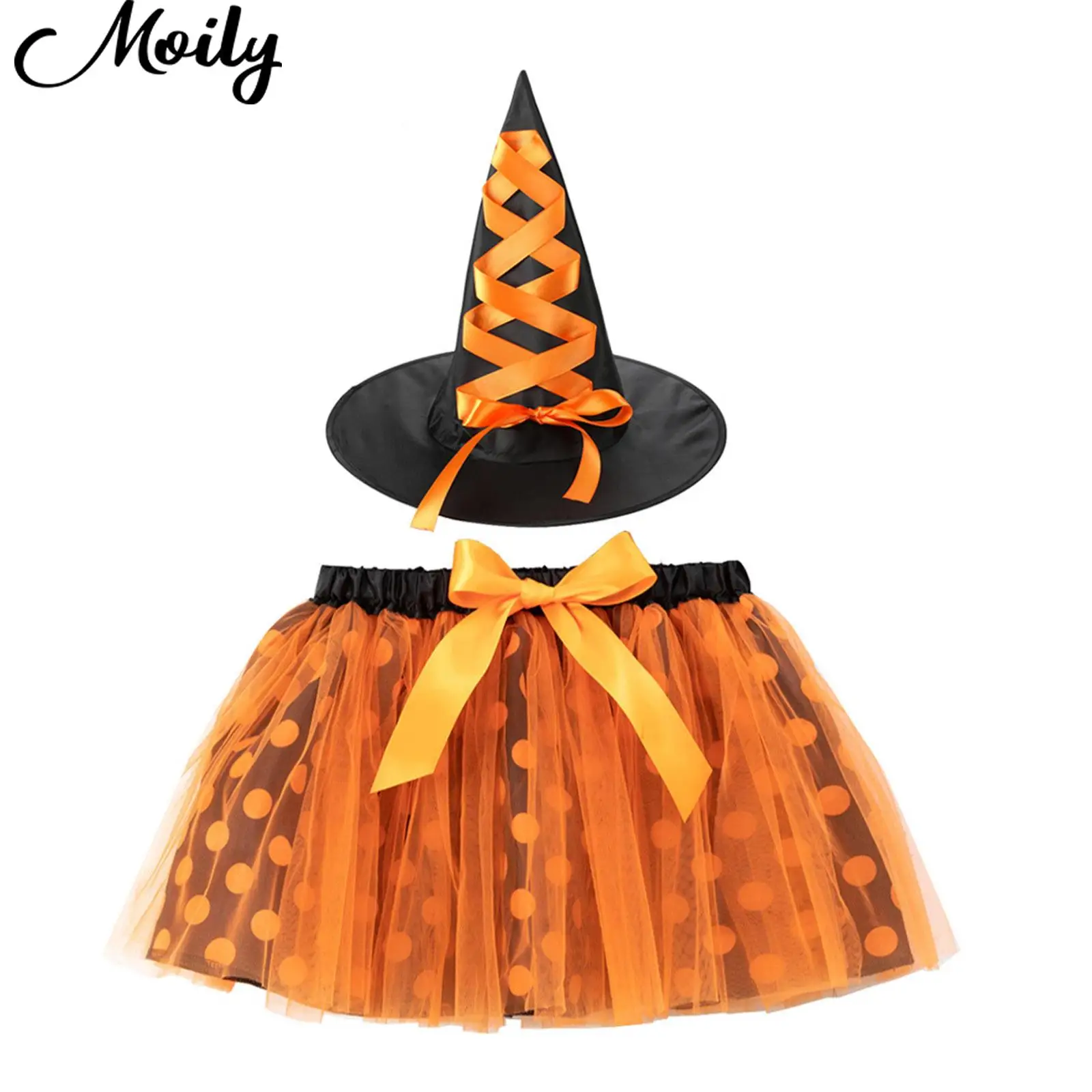 

Kids Girls Halloween Witch Cosplay Costume Polka Dots Print Tutu Skirt And Witch Hat for Fancy Party Dress Up Carnival Costume