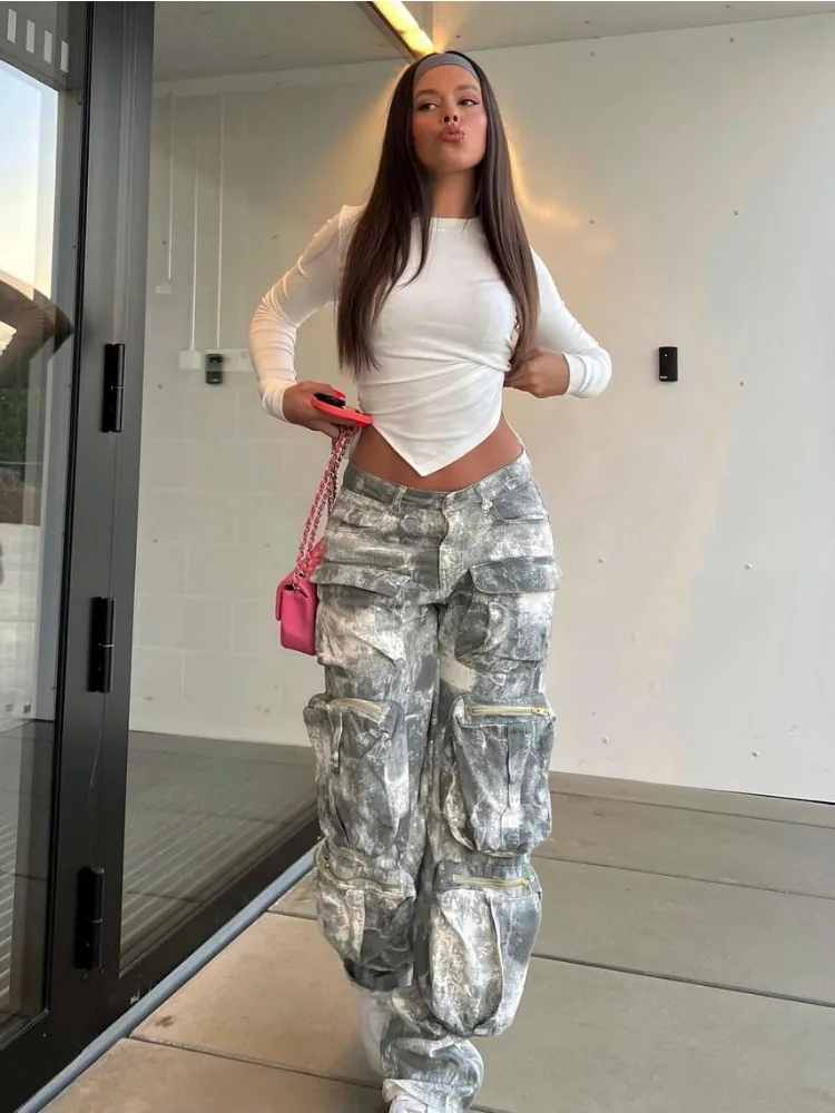 TARUXY Camouflage Cargo Pants Women Fashion Multiple Pockets Loose Long  Pant Femme Street High Waist Jeans Woman Trousers Autumn