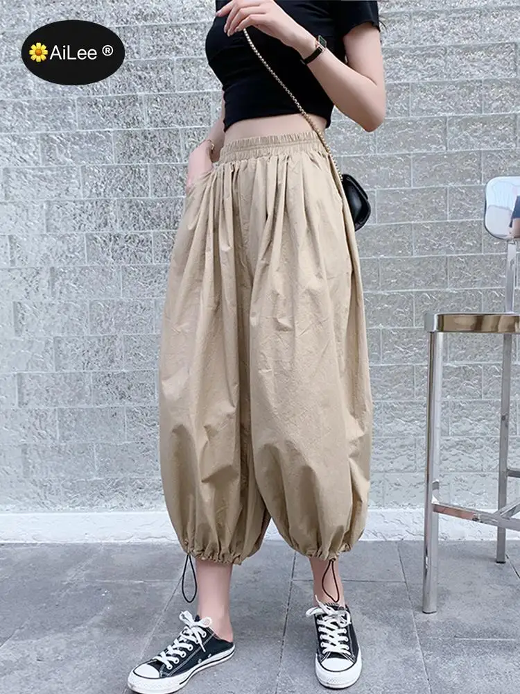 Harem Cargo Bloomers Women Ankle Length Pants Lady Pockets Elastic High Waist Draw String Cuff Trousers Streetwear Chic Hip Hop 5xl plus size stretchable gradient color micro flare jeans for women ankle length denim pants lady chic casual streetwear jeans