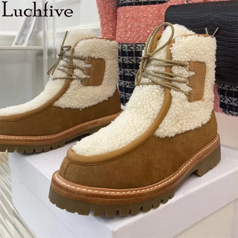

Winter Elastic Slip on Wool Flat Ankle Boots Women High Quality Lace up Chelsea Fur Boots Casual Fashion Warm Snow Boots Mujer