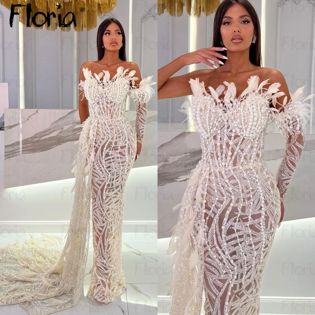 

Feather Full Beaded Evening Dress Long Sleeve Wedding Party Gowns Dubai Custom Made Luxury Side Train Robe de Mariée 2024 Prom