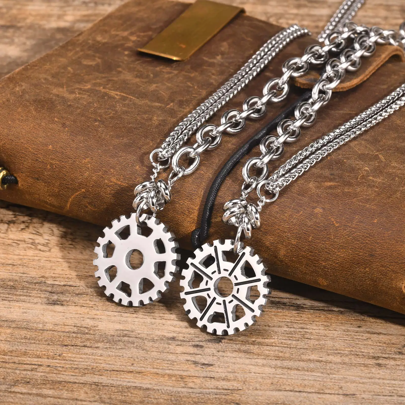 Mprainbow Punk Gear Pendant Necklaces for Men Boys, Ins Hip-hop Design Two Different Chains Splicing,New Valentine's Day Gift