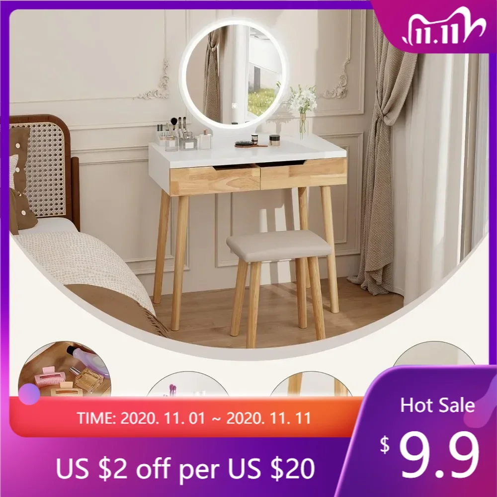 compact illuminated vanity desk with adjustable mirror for efficient space utilization