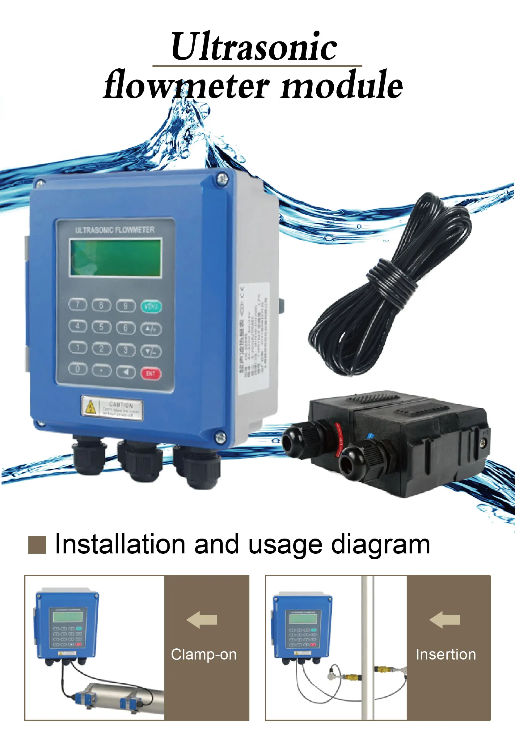 TUF Ultrasonic Flow Meter Wall Mounted Fixed Type Digital Liquid Flow Sensor Inl