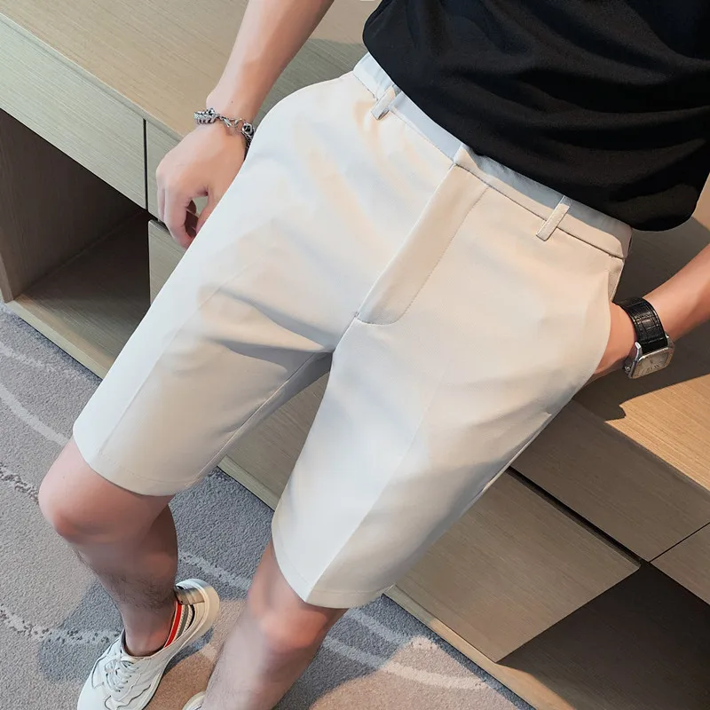 

Мужские Простые облегающие повседневные брюки, летние однотонные Костюмные шорты со средней посадкой, мужские эластичные шорты выше колена на талии