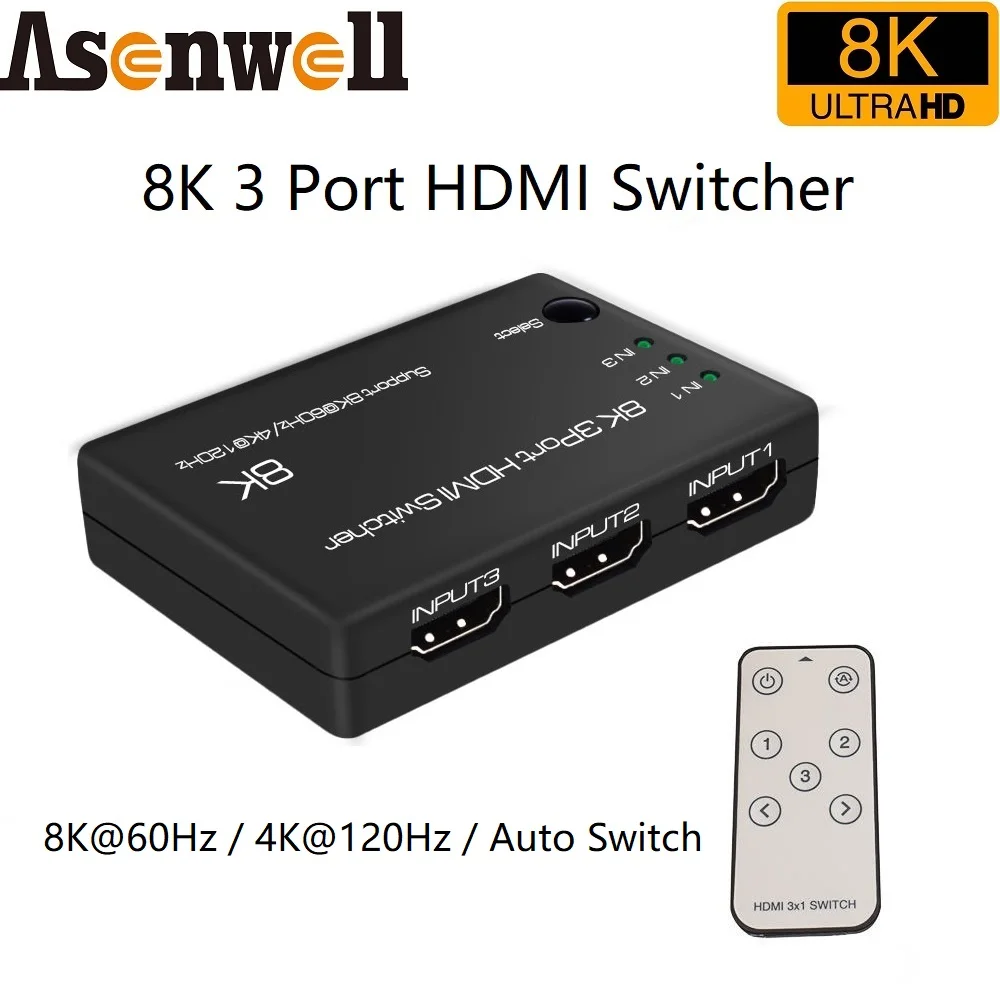 

8K HDMI Switcher 3 Port 4K 120Hz V2.1 HDMI Switch Selector Hub 3 In 1 Out Dolby Vison UHD IR HDCP2.3 for PS5 XBOX Series X 8KTV