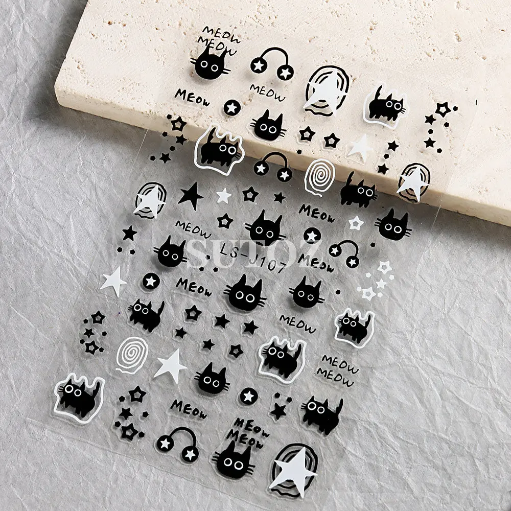 3D Cartoon Cat Nail Stickers Cute Meow Black White Star Graffiti Nail Decals Childlike Sticker DIY Charms Manicure Decor LEBLS-J nail stickers nail decals nail art decoration