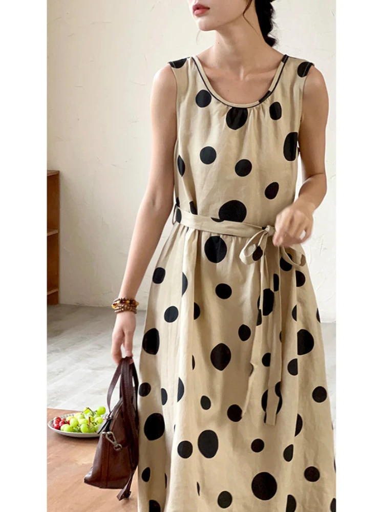 

Sleeveless Cotton Linen Vintage Polka Dot Dresses for Women Casual Loose Long Summer Dress Elegant Party Clothing 2023