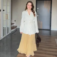 HXAO Women's Skirt Yellow Pleated Skirt Summer 2025 Midi Ruffle High Waist Long Skirts For Women Elegant Casual Vacation Skirts - Image 4