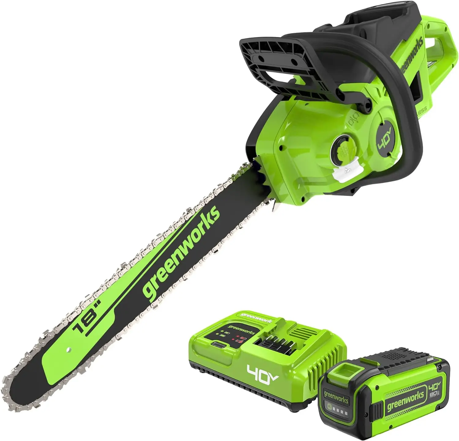 

Greenworks 40V 18" Brushless Cordless Chainsaw (Great For Tree Felling, Limbing, Pruning, and Firewood / 75+ Compatible Tools),