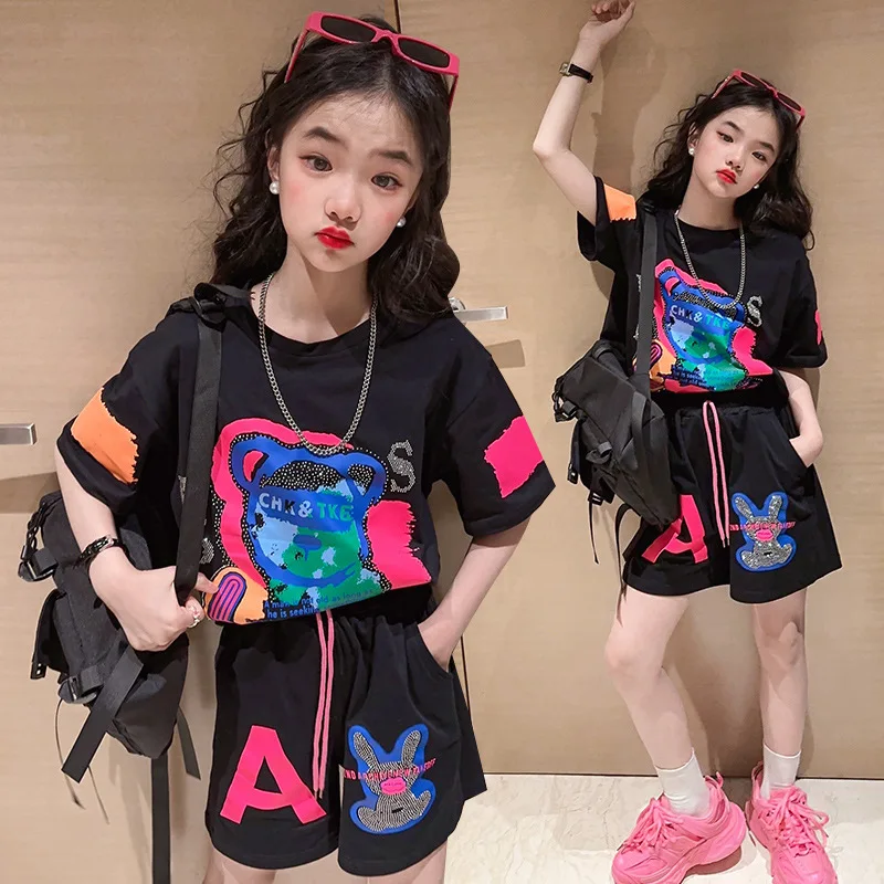 

2pcs Girls Clothes Set Summer Kids Short Sleeve Loose T-shirt Shorts Sport Casual Outfits Set for Teenage Girls Clothing