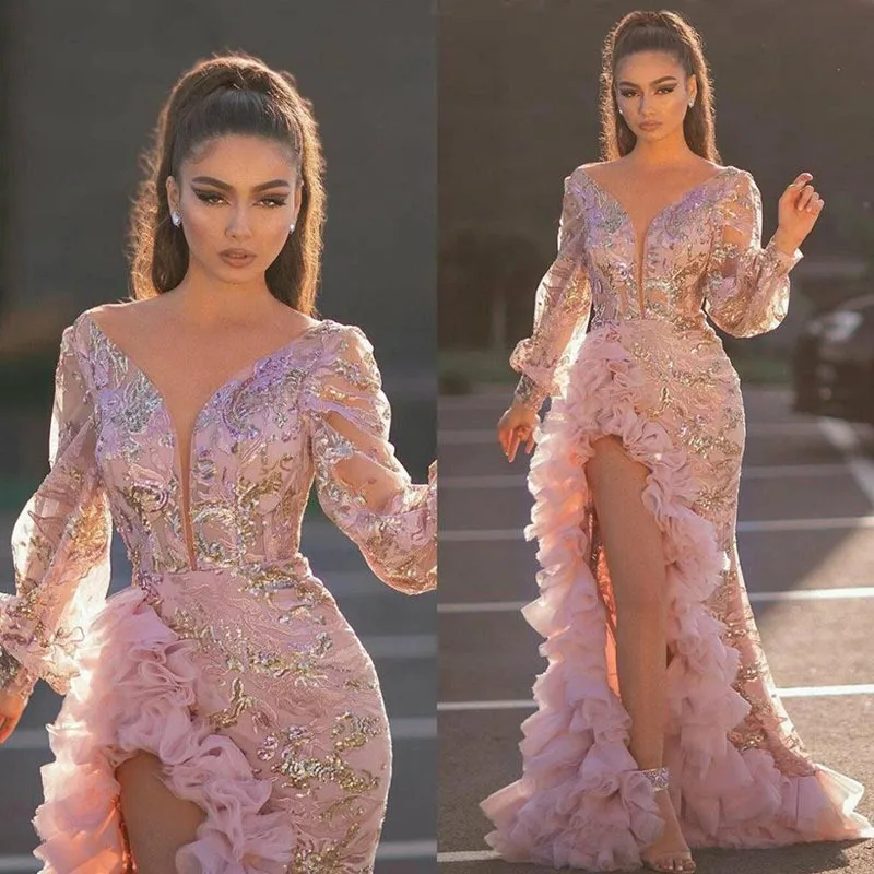 

Sexy Elegant Luxurious Deep V-neck Long Sleeve Sparkling Beading Off Shoulder Evening Dresses For Women Fashion Solid Dresses