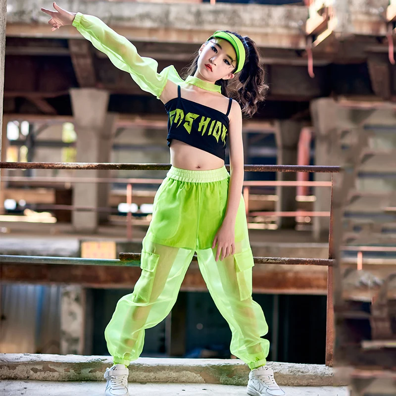 Tops Mesh Pants Kids Performance Outfit Hip Hop Kids Clothes Girls Jazz  Street Dance Costume Green Single Sleeved Crop - AliExpress