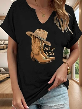 Let's Go Girls Cowboy Boots Letter Print Women T Shirt Short Roll-up Sleeve V-Neck Summer Casual Top T-shirts for Women 1