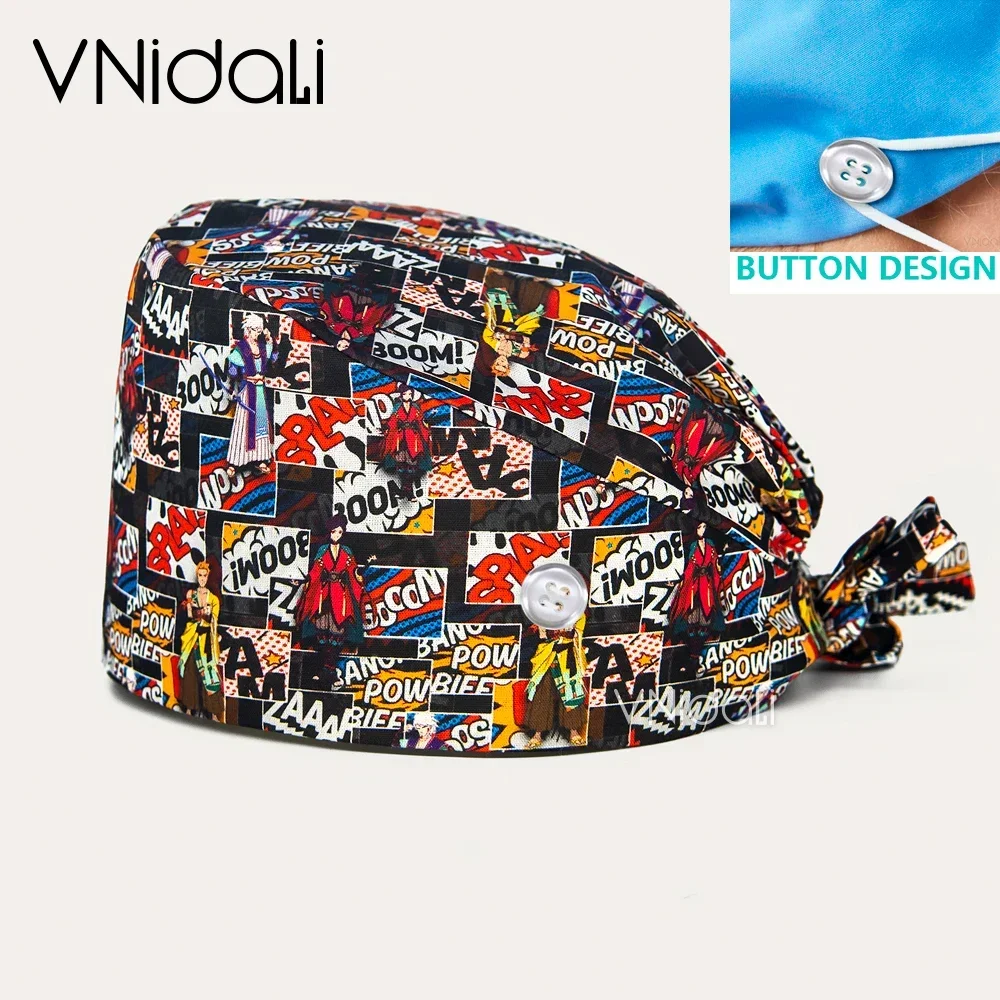 100% Cotton Surgical Cap Nursing Scrubs Cap Medical Uniform Surgery Dentist Cap With Button Surgical Hat Nurse Accessories