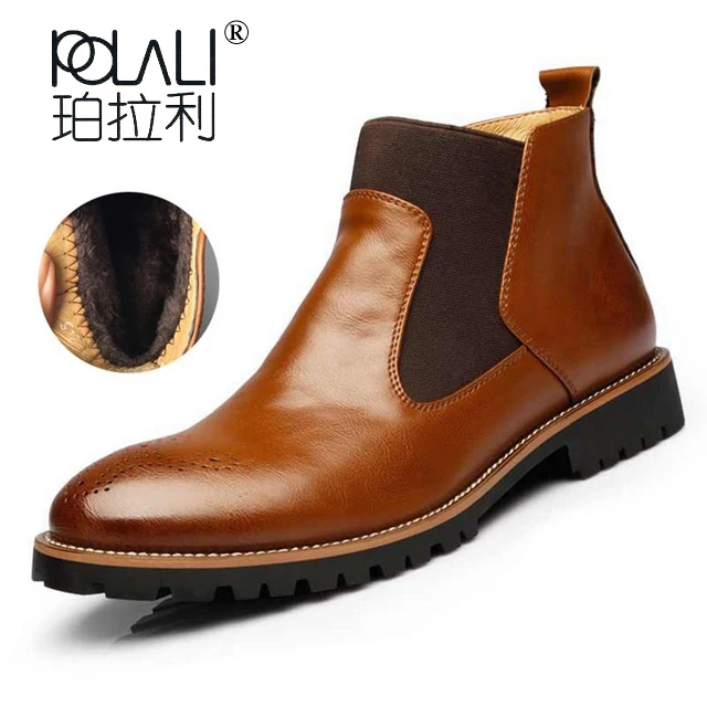 POLALI Spring/Winter Fur Men Chelsea Boots British Style Fashion Ankle Boots Black/Brown/Red Brogues Soft Leather Casual Shoes