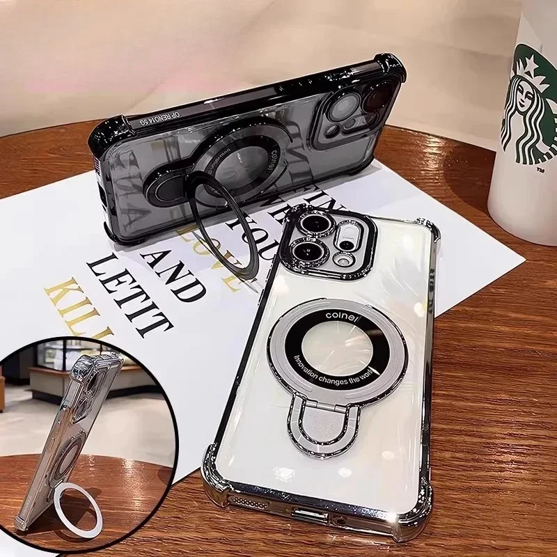 Luxury Magnetic Transparent Electroplating Bracket Back Cover Case