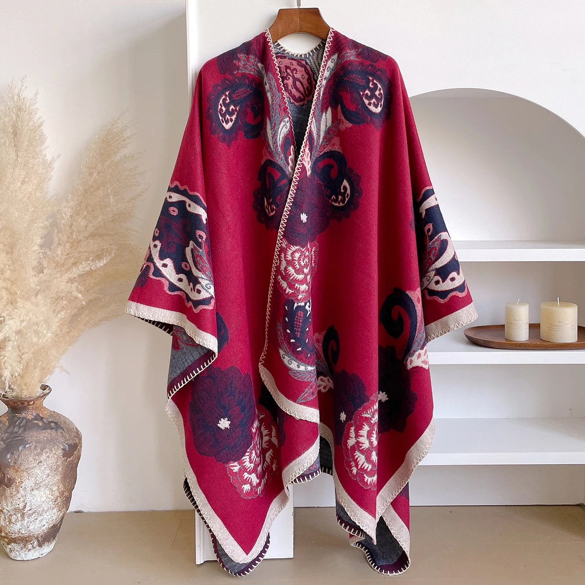 Brand Fashion Winter Cashmere Shawl for Women - Oil Painting Floral Printed Pashmina Thick Scarf, Wrap & Poncho