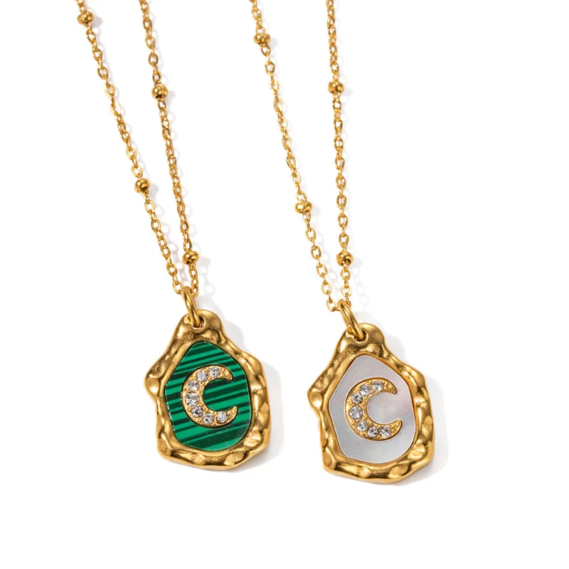 

ALLNEWME Retro White Shell Green Malachite Irregular Coin Zircon Moon Pendant Necklaces for Women 18K Gold Titanium Steel Choker