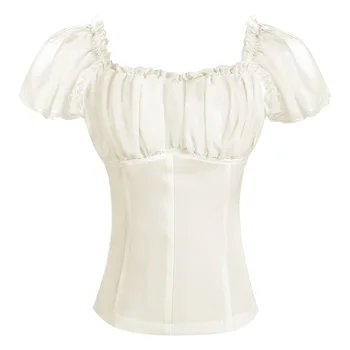 2025 Summer Classic Style Short Sleeve Off Shoulder Women's Renaissance Pleated Soft and Comfortable Women T Shirt 1