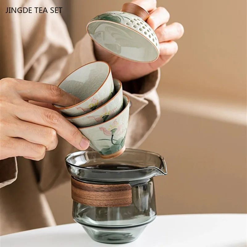 Exquisite Hand-painted Lotus Tea Set Travel Cup Gaiwan Set Outdoor Portable A Pot of Three Cups Custom Tea Gift Storage Box
