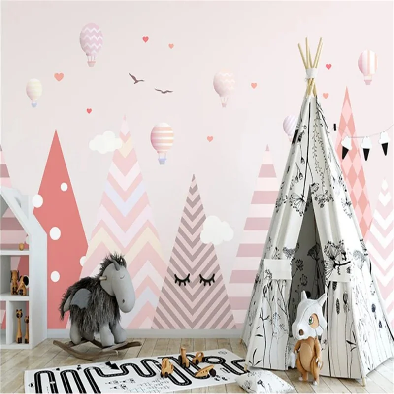 

Custom wallpaper 3d hand-painted Nordic pink geometric hot air balloon abstract geometric children's room indoor background wall