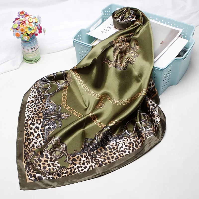 Luxury Brand Leopard Print Scarves For Women Silk Satin Hijab Scarf Female 90cm*90cm Fashion Square Shawl Scarfs Ladies