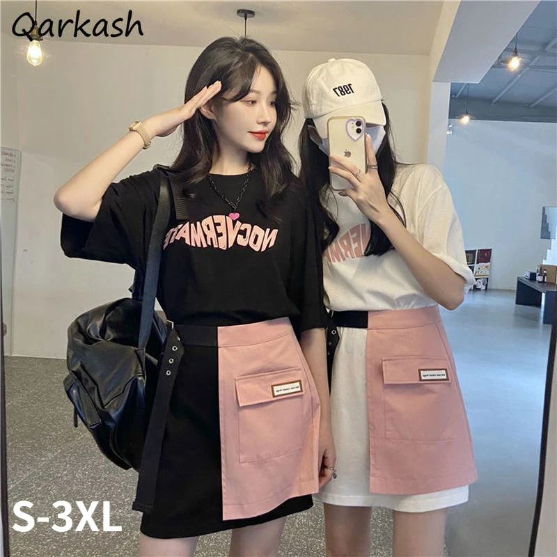 

Women Sets Summer Letter Long Style T-shirt A-line Skirt Design Colleges Cool Streetwear Korean Style Leisure Fashion Ladies 3XL